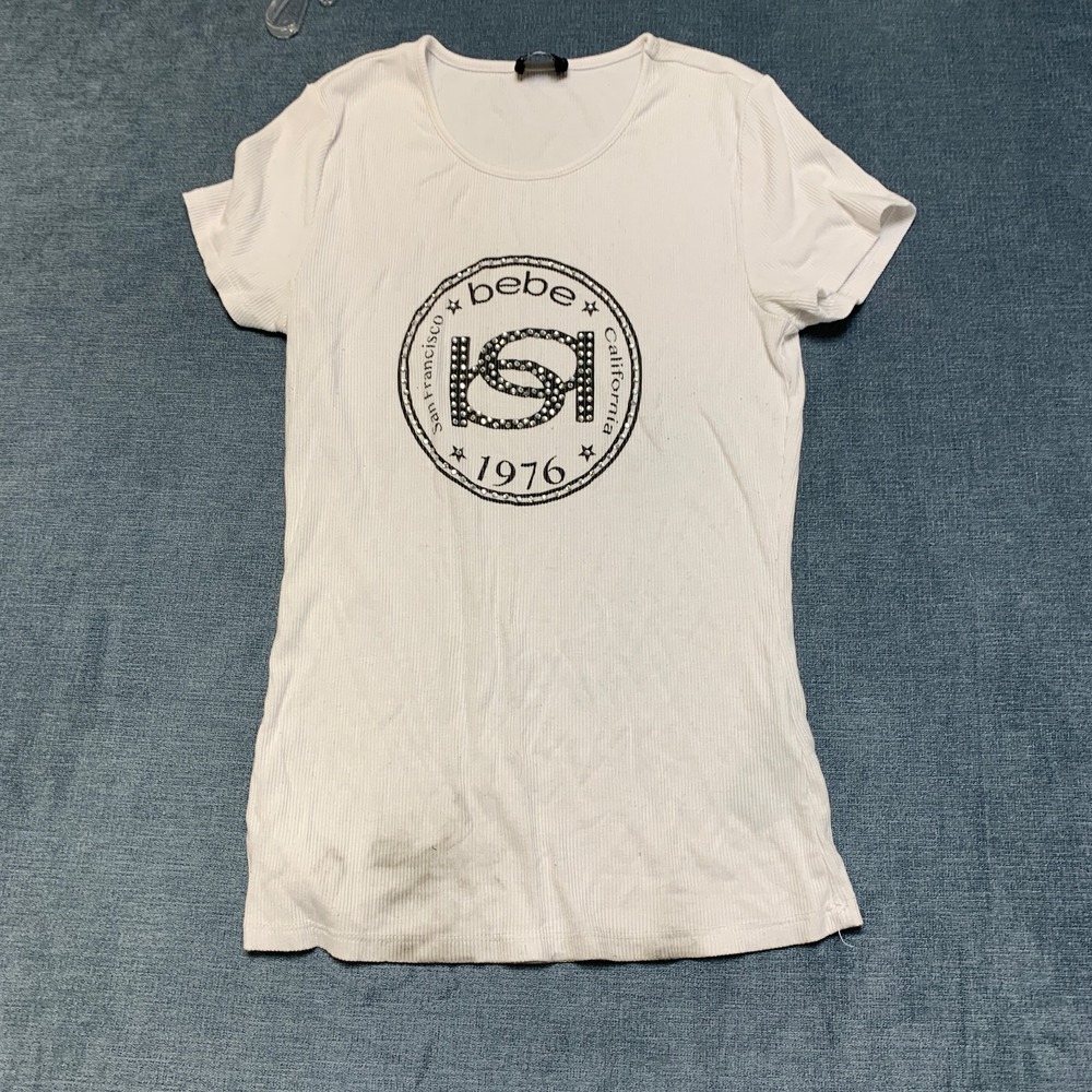 BeBe T Shirt Womens Small White Logo Round Neck Casual Short Sleeve Graphic Tee